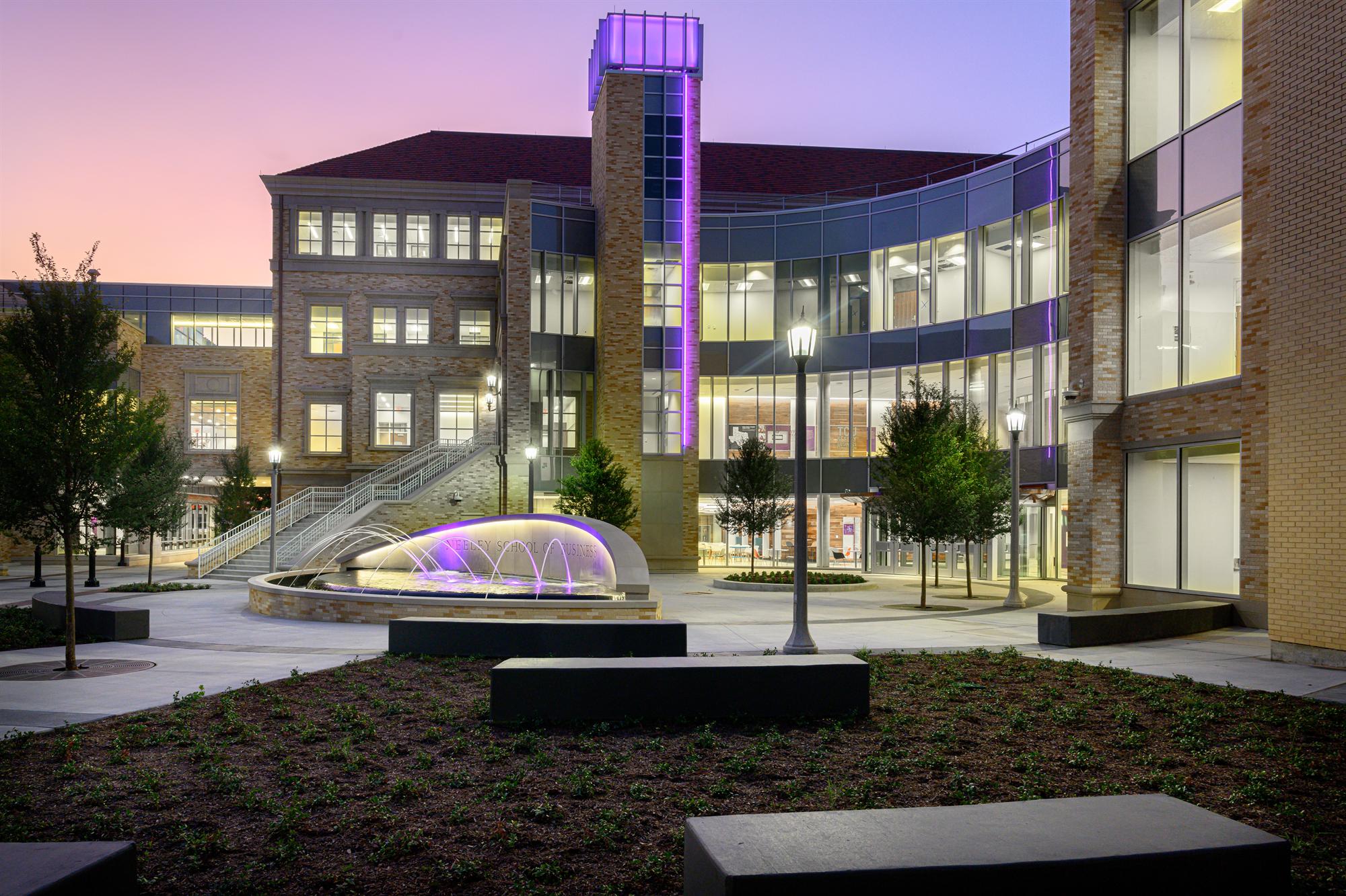 The Neeley School of Business courtyard at dusk