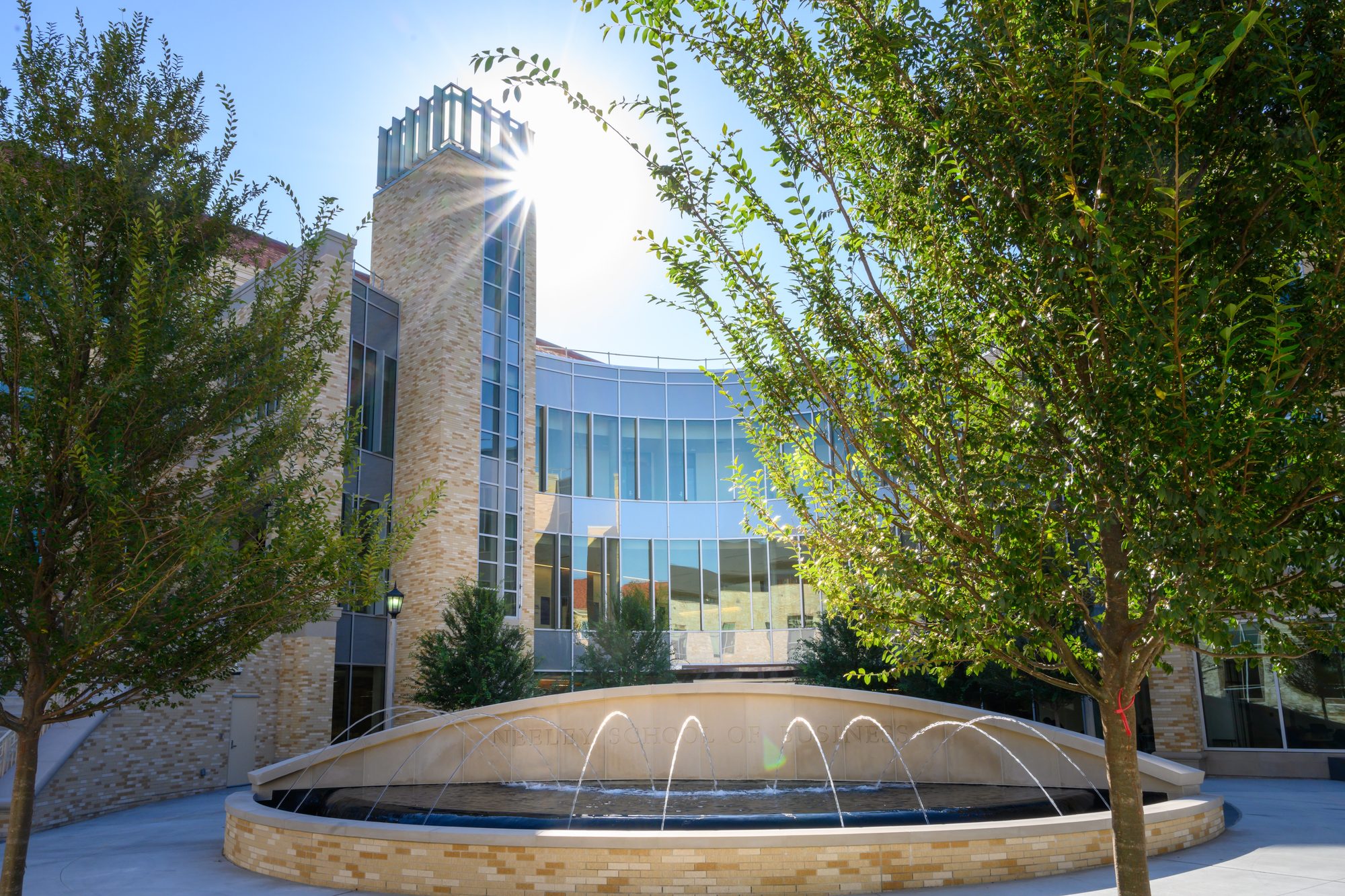 The Neeley School of Business fountain in the morning sun